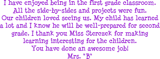 I have enjoyed being in the first grade classroom. All the side-by-sides and projects were fun. Our children loved seeing us. My child has learned a lot and I know he will be well-prepared for second grade. I thank you Miss Sterczek for making learning interesting for the children. You have done an awesome job! Mrs B