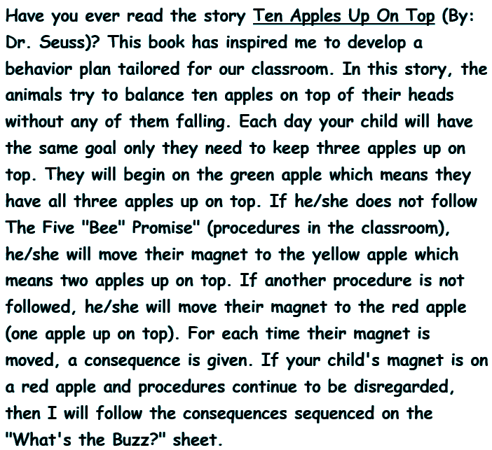 Have you ever read the story TEN APPLES UP ON TOP by Dr. Seuss? This book has inspired me to develop a behavior plan tailored for our classroom. In this story, the animals try to balance ten apples on top of their heads without any of them falling. Each day your child will have the same goal only they need to keep three apples up on top. They will begin on the green apple which means they have all three apples up on top. If he/she does not follow The Five Bee Promise (procedures in the classroom), he/she will move their magnet to the yellow apple which means two apples on top. If another procedure is not followed, he/she will move their magnet to the red apple (one apple up on top). For each time their magnet is moved, a consequence is given. If your child's magent is on a red apple and procedures continue to be disregarded, then I will follow the consequences sequenced on the What's the Buzz? sheet.