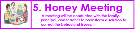 5. HONEY MEETING. A meeting will be conducted with the family, principal, and teacher to brainstorm a solution to correct the behavioral issues.