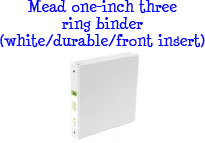 Mead one-inch three ring binder (white, durable, front insert)